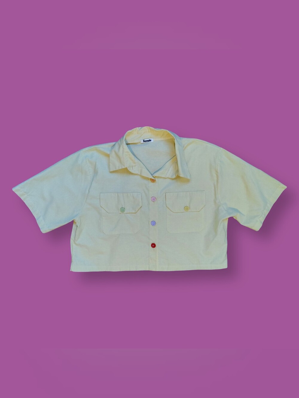 Butter Yellow Button Up Crop Top W/ Colorful Buttons Medium Large Collared Shirt
